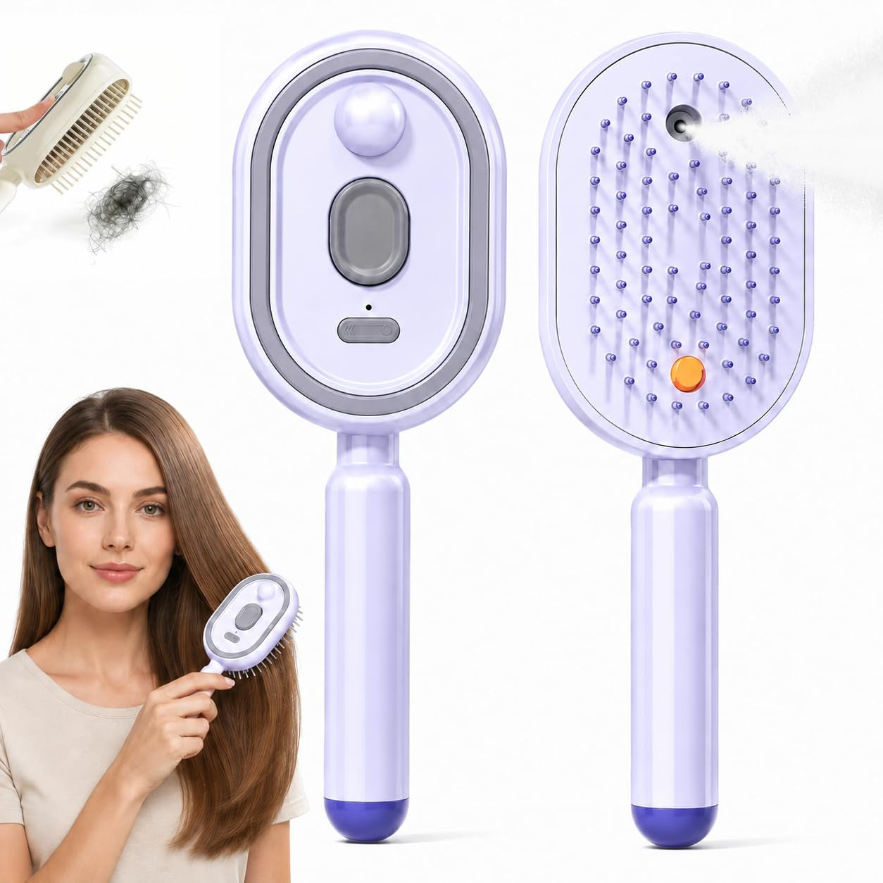 2026 New Electric Steam Brush for Hair, Upgrade Rechargeable 3 in 1 Self Cleaning Hair Brush with Water Spray, Electric Spray Air Cushion Massage Comb for Long Short Hairs Frizz Control (Purple)