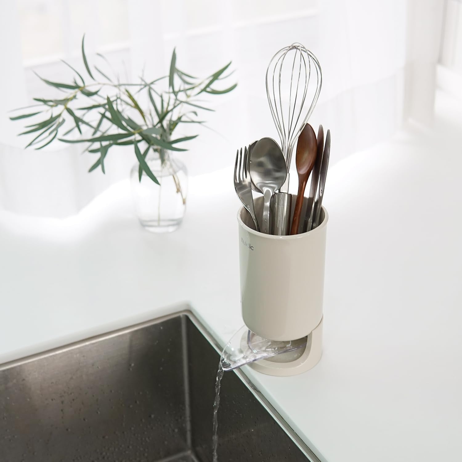 Self-Draining Utensil Drying Holder - Beige | Small Utensil Cutlery Flatware Silverware Holder Drainer Cup for Kitchen Counter