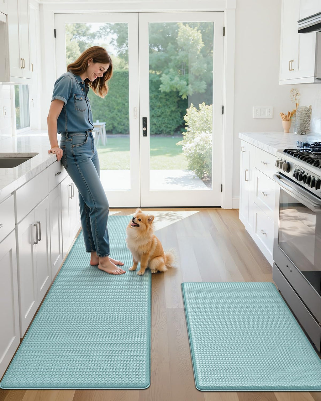 Kitchen Mat for Floor 17X29+17X59 anti Fatigue 2Pcs, Teal | Water&Oil Proof, Ideal for Light Cooking/Low Traffic Homes, anti Slip, for Comfort Standing, Bright Kitchen Decor