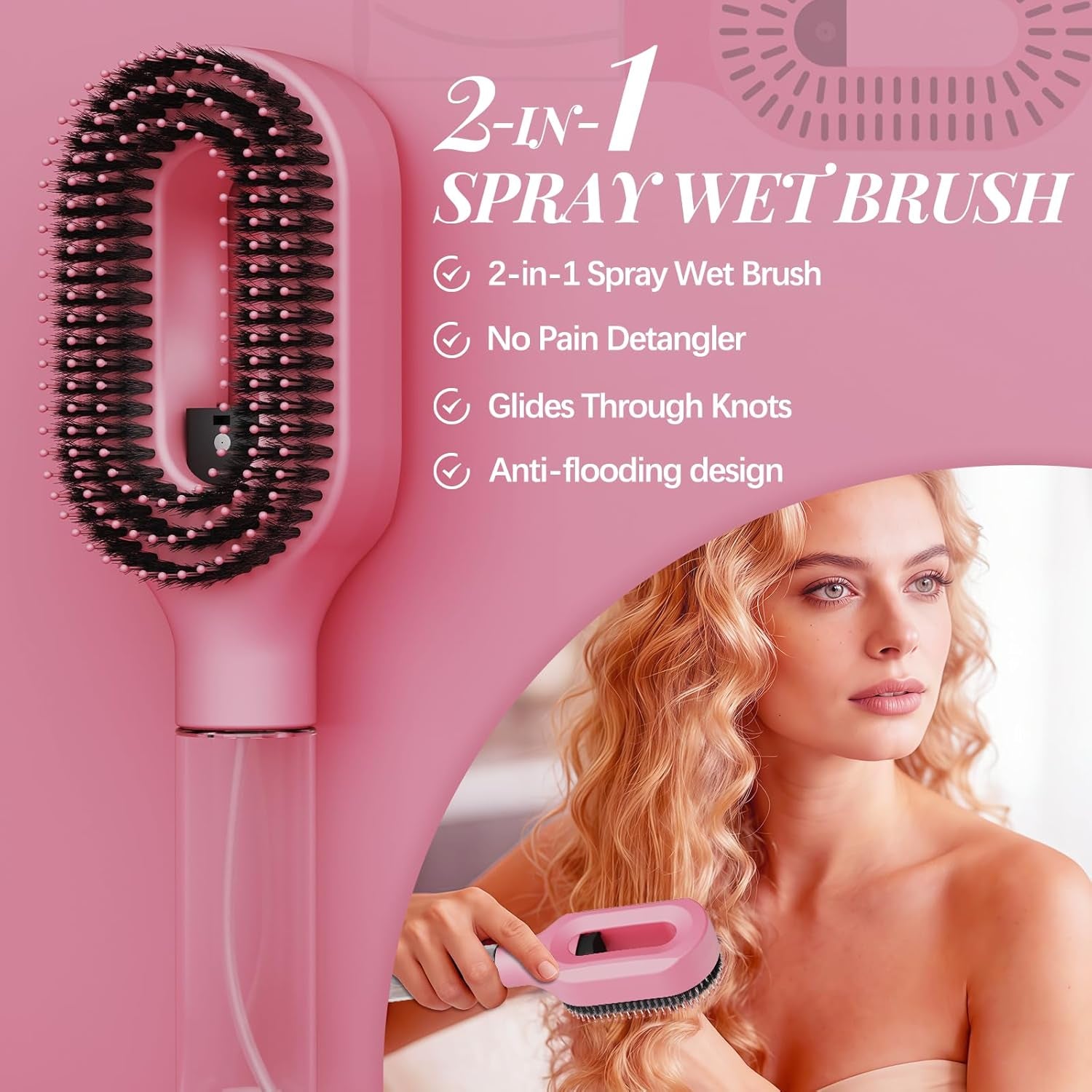 Hair Brush with Water Spray for Women, 2-In-1 Fine Mist Detangling Brush for Wet & Dry Hair, Anti-Frizz Water Spray Brush for Curly, Wavy & Straight Hair, Portable Styling Tool(1, Pink)